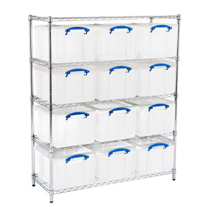 Chrome Wire Shelving (1220 x 455) 12 x 35 litre Really Useful Boxes